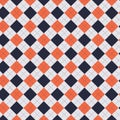 Seamless diagonal square shape patterns with dash lines in dark blue white and orange for textile design.