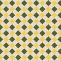 Seamless diagonal square shape patterns with dash lines in green yellow and beige for textile design.