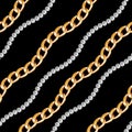 Seamless Diagonal Wavy Golden and Silver Chains. Repeat Design Ready for Textile Prints. Royalty Free Stock Photo