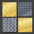 Seamless Diamond Metal Background Set With Tread Plate. Gold, Chrome, Silver, Steel, Aluminum. Vector Realistic Pattern.
