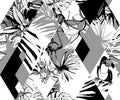 Seamless diamond pattern Tropical birds palms flowers. Grunge ink style.