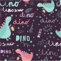 Seamless dinosaur pattern. Dinosaurs enjoy the walk. Background texture with Doodle-style fonts and lettering for children`s fashi