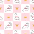 Seamless dinosaur princess pattern. Vector cute baby dino animal illustration Royalty Free Stock Photo