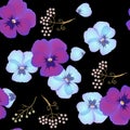 Seamless ditsy floral pattern with blue and purple heartsease and umbrella flowers on black background. Print for fabric Royalty Free Stock Photo