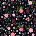 Seamless ditsy floral pattern with cute pink flowers and green leaves on black background. Fashion design Royalty Free Stock Photo