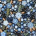 Seamless ditsy floral pattern with fantasy blue flowers and leaves in folk style. Vector illustration.