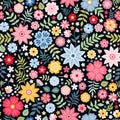 Seamless ditsy floral pattern with fantasy little flowers and leaves in folk style. Vector illustration.