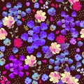 Seamless ditsy floral pattern with pansies, cosmos flowers, petals and little hearts on dark brown background. Print for fabric