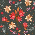 Seamless ditsy floral pattern with pink and golden lilies, bell and umbrella flowera, tiny tulips and little hearts Royalty Free Stock Photo