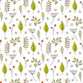 Seamless ditzy fall pattern from forest berries colorful tree leaves branches twigs in free hand doodle style. Cute nature print