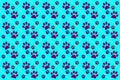 Seamless dog or bear footprints wallpaper for fabric and printed product print on a bright light blue background, cute animal