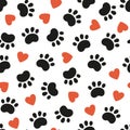 Seamless dog pattern with paw prints and red hearts. Cat foot texture. Pattern with doggy pawprint and hearts. Dog Royalty Free Stock Photo