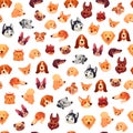 Seamless dogs faces. Funny dog face, puppy pet head and animals group vector background pattern