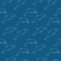 Seamless dolphin pattern, vector illustration, hand drawn, blue color Royalty Free Stock Photo