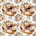 Seamless donut pattern with donuts, glaze, flowers, chocolate, on a white background