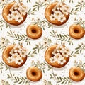 Seamless donut pattern with donuts, white flowers and green leaves on a white background