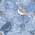 Seamless doodle background bird and floral elements