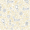 Seamless doodle background. Words Love, hearts. flowers on white Royalty Free Stock Photo