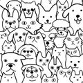 Seamless doodle cats and dogs lineart background