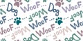 seamless doodle drawing with the word woof and dog. A pattern on the topic of a puppy, grooming, veterinary medicine Royalty Free Stock Photo