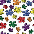 Seamless doodle flowers pattern on white background, using colors of LGBTQ concept, purple, blue, green, yellow, orange, and red. Royalty Free Stock Photo