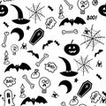 Seamless doodle halloween illustration background with bats, moon, star, boo, spider, web, bone Royalty Free Stock Photo