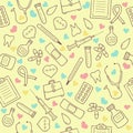 Seamless doodle medical pattern with colored hearts