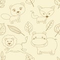 Seamless doodle outline wild animals cartoon pattern