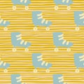 Seamless doodle patten with stylized blue roller shoes. Yellow stripped background. Sporty artwork