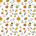 Seamless doodle pattern with autumn apples, pumpkins and different berries Royalty Free Stock Photo