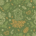 Easter. Seamless doodle pattern with birdhouse birds and flowers in green colors. Hand drawn vector outlines illustration