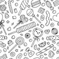 Seamless doodle pattern with candies, sweets and lollipops. Hand drawn background. Great for fabric, textile, wrapping paper