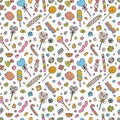 Seamless doodle pattern with candies, sweets and lollipops. Hand drawn background. Great for fabric, textile, wrapping paper