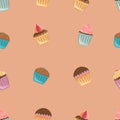 Seamless doodle pattern with cupcakes. Pink background