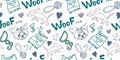 seamless doodle pattern with dogs, footprints and other items on the topic of a puppy, grooming, veterinary medicine