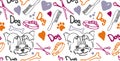 seamless doodle pattern with dogs, footprints and other items on the topic of a puppy, grooming, veterinary medicine