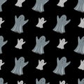 Seamless doodle pattern with ghosts ornament. Grey scary elements on black background. Dark artwork Royalty Free Stock Photo