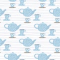 Seamless doodle pattern with hand drawn tea ceremony elements. Dish elements in soft blue tones on white stripped background Royalty Free Stock Photo