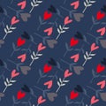 Seamless doodle pattern with heart branch silhouettes. Valentine ornament in pink and red colors on navy blue background