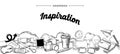 Seamless Doodle Pattern with Inspiration Items Photo Camera, Memory Stick, Computer Mouse, Coffee Cup and Sunglasses