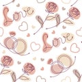 Seamless doodle pattern with linear romantic symbols