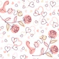 Seamless doodle pattern with linear romantic symbols