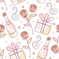 Seamless doodle pattern with linear romantic symbols