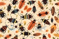 seamless doodle pattern with many different cartoonish bugs on beige backlground, neural network generated image