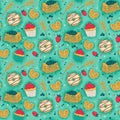 Seamless doodle pattern with pastries. Hand drawn illustration with cupcake pancake cake pieces donut cookies berries. Print