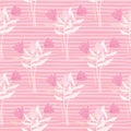 Seamless doodle pattern with pink flowers silhouettes and white twigs. Stripped background. Creative design in pink and white Royalty Free Stock Photo