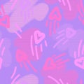 Seamless doodle pattern of stilized hearts on blue background with pink spots.