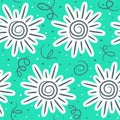 Seamless doodle pattern of suns and spirals