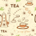 Seamless doodle pattern with tea quote, hot cup of tea with steam, teapot, green tea leaf