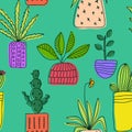 Seamless doodle plants in pots. Ideal for branding, printing fashionable fabrics and advertising products. Vector hand-drawn